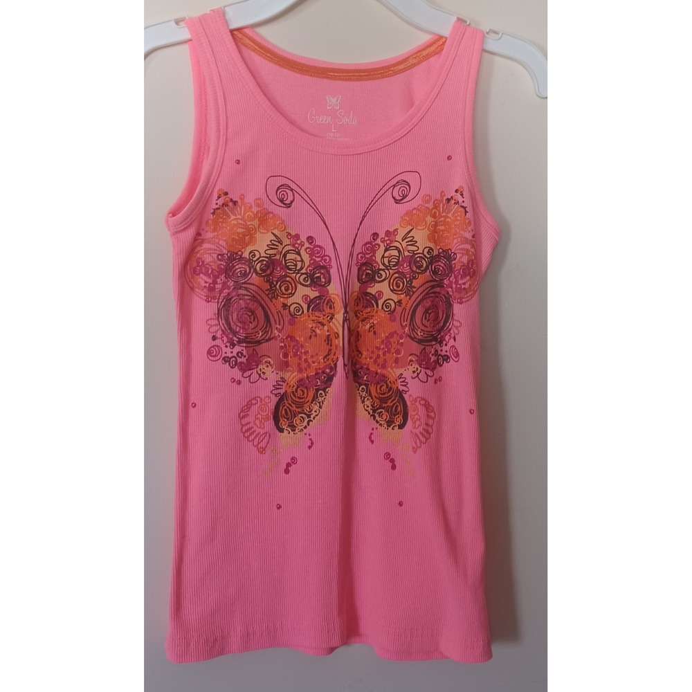 Green Soda Girls Pink‎ Butterfly Graphic Ribbed Tank Top Rhinestone Large 10-12